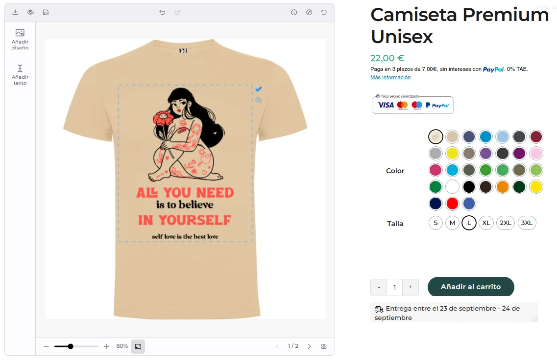 Editor de camisetas de Sector Tinta: diseño sobre la prenda, colores, tallas y botón Añadir al carrito